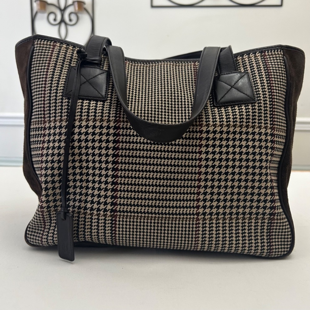 Ralph Lauren Vintage Houndstooth Plaid Tote Brown Suede and Leather - Picture 14 of 14